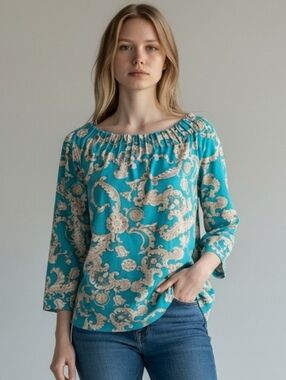 Talbots Teal Bateau Pleated Neck Top with White, Teal And Tan Floral Design - S